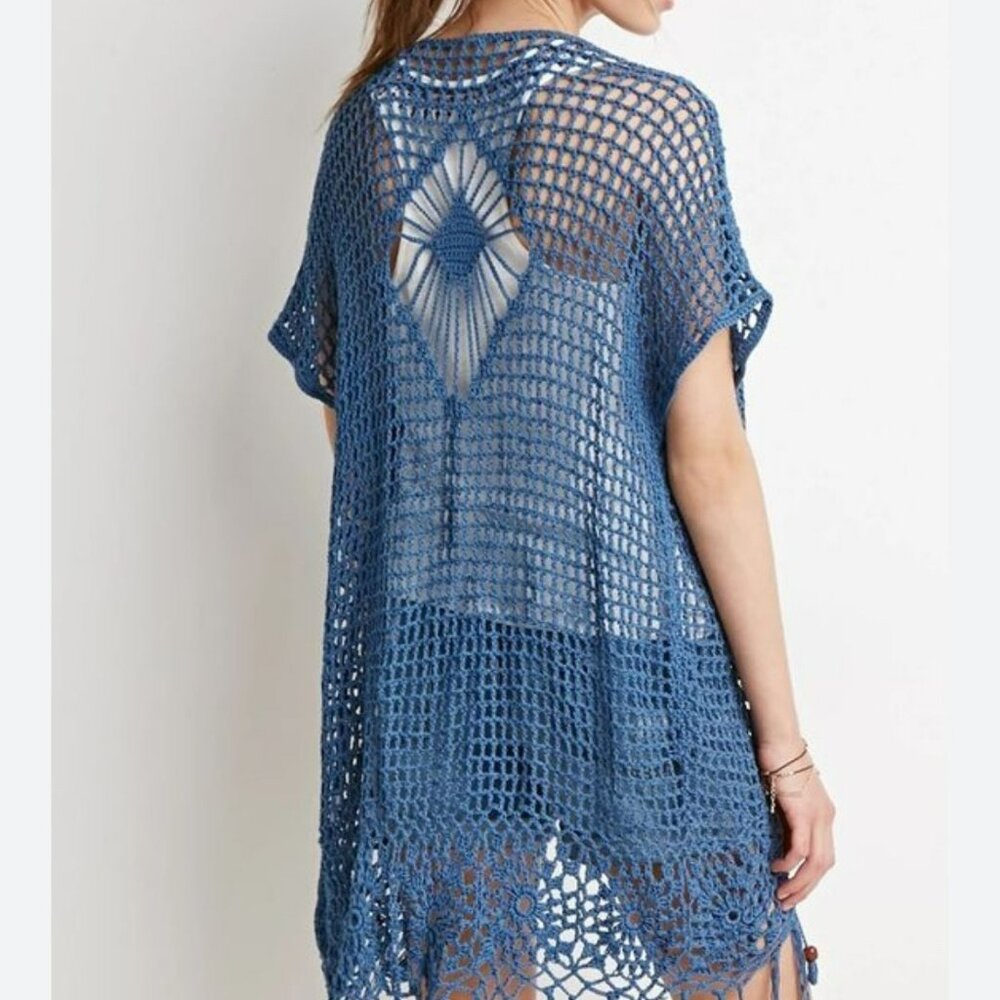Artesia Open Knit Blue Crochet Beach Cover-Up With Fringe & Beaded Tie Detail L